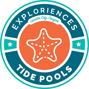 A round logo for the Tide Pools Explorience with a central starfish reading "EXPLORIENCES, Lincoln City, Oregon, TIDE POOLS"