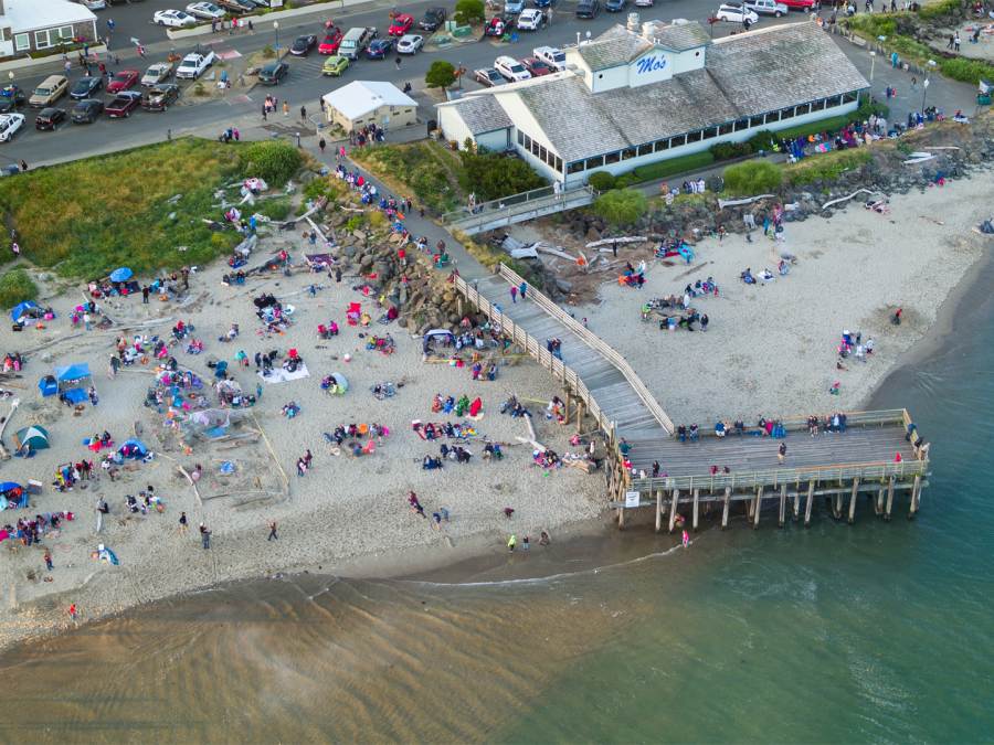 Aerial view of people on the beach in Lincoln City, Oregon during 4th of July