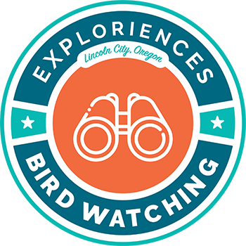 Badge for the Bird Watching Exploriences in Lincoln City, OR with a binocular icon in the center.