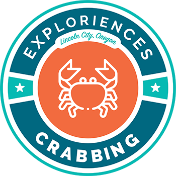 Logo for Crabbing Exploriences reading "Exploriences, Lincoln City, Oregon, Crabbing" with a crab icon in the center.