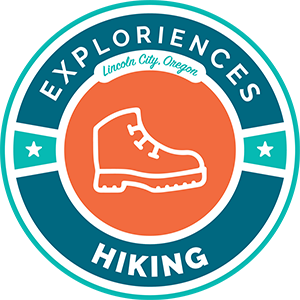 Circular badge for the Hiking Exploriences offered in Lincoln City, OR, with a boot icon in the center.