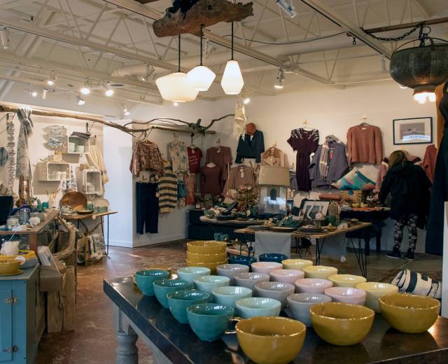 Interior of new business with hand made ceramics and clothing in Lincoln City, OR