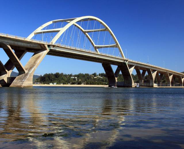 Alsea Bay Bridge and water in Waldport Oregon outside of Lincoln City OR