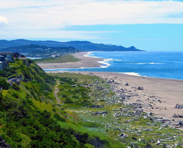 lush green hillside gives way to sandy beach and ocean in Lincoln City