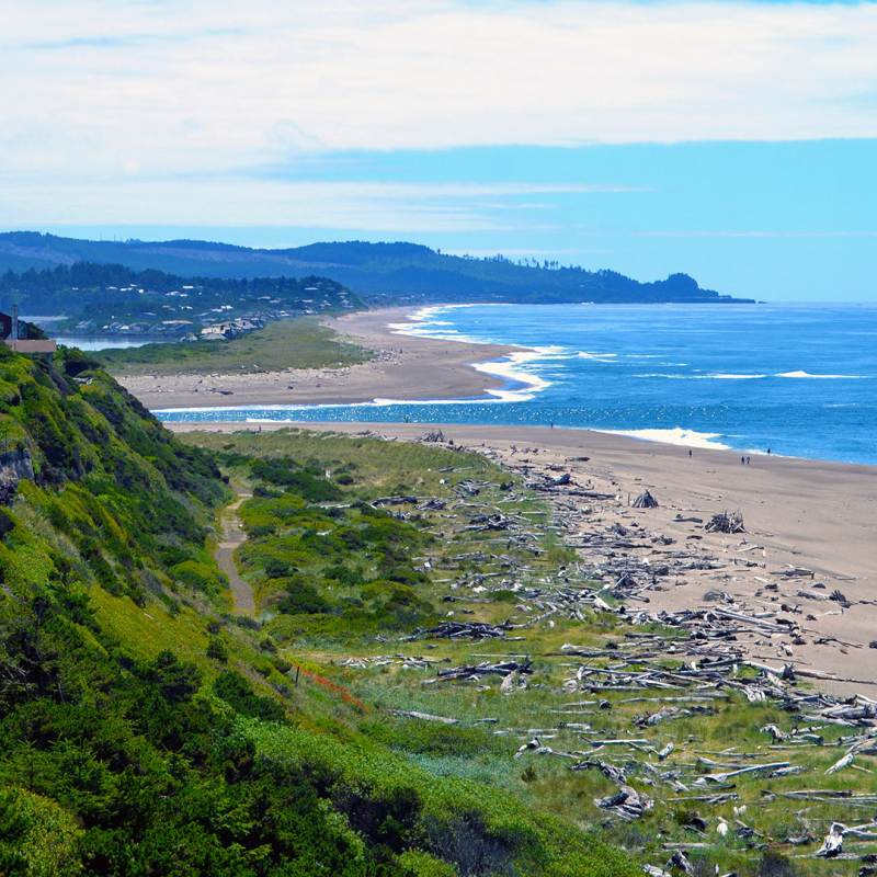 lush green hillside gives way to sandy beach and ocean in Lincoln City